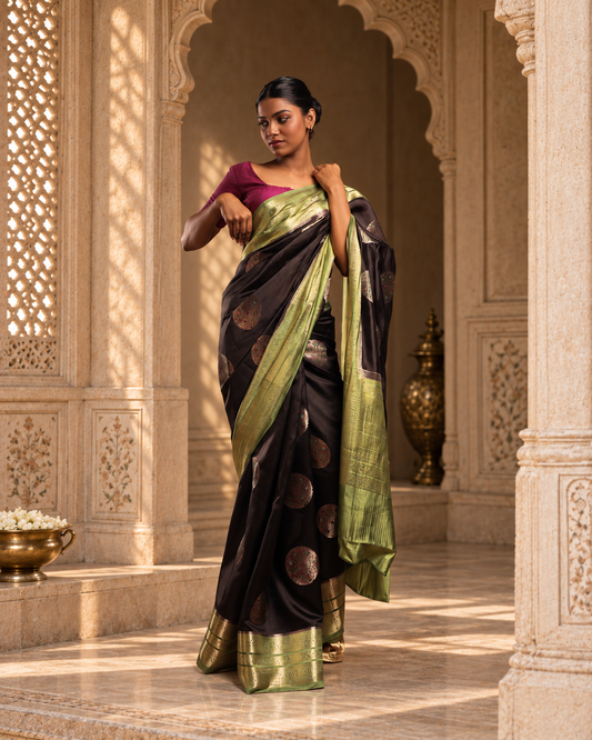 Pure Silk Obsidian Black Saree with Olive Green Border and Round Kadwa Gold and Multicolour Minakari Work