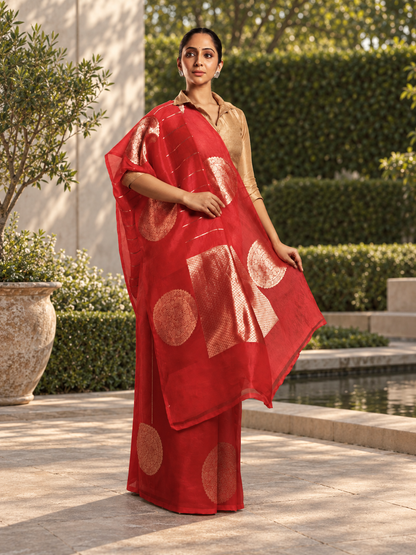 Vibrant Candy Red Katan Tissue with Gold Kadwa Motif