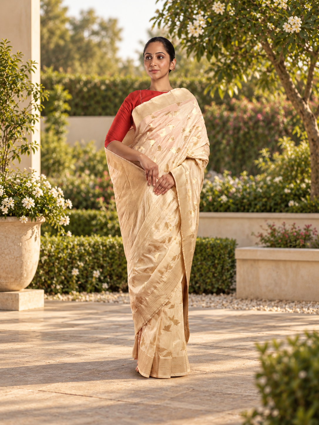 A Radiant Pristine White With Muted Golden Bird Motifs
