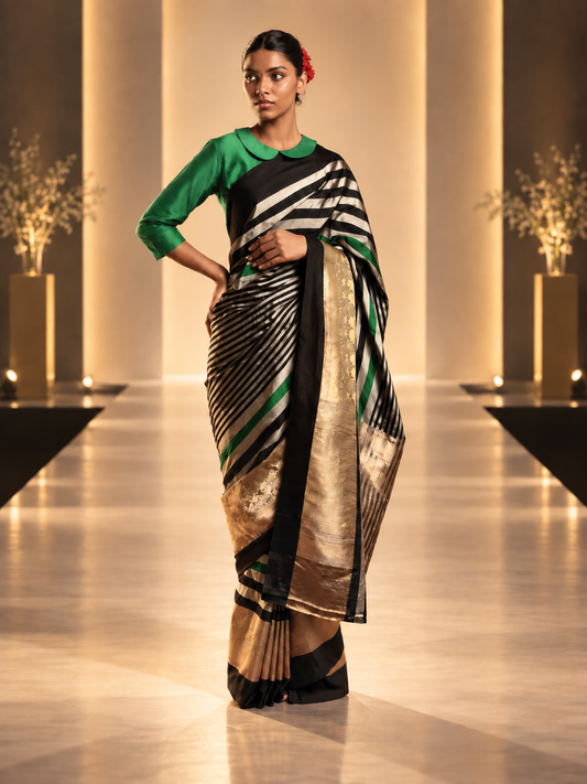 Exquisite Emerald Green, Coal Black, and Silver Grey Striped Pure Katan Silk Banarasi Saree with Muted Gold Art Deco Border