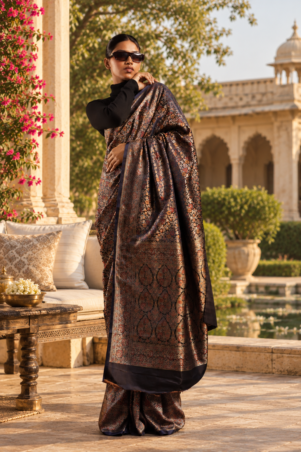 Exquisite Midnight Blue Pure Satin Silk Tanchoi Jamawar Banarasi Saree