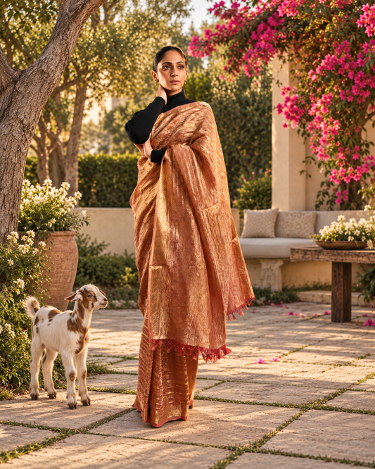 Elegant Blush Pink and Gold Stripe Pure Crushed Katan Tissue Banarasi Saree