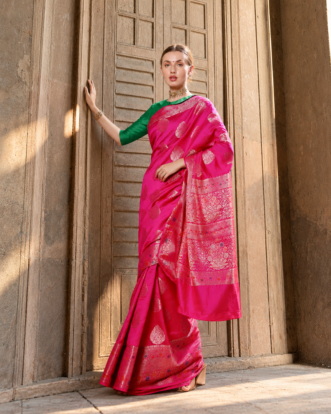 Royal Fuchsia Pink Pure Silk with Gold Motifs