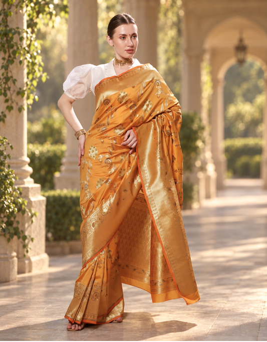 Blooming Sunset Orange Silk Saree with Green, Blue and Gold Minakari weave