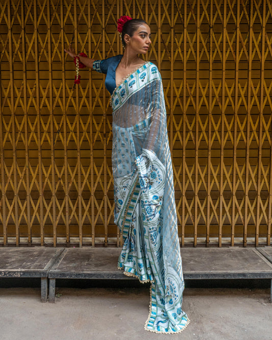 ‘Bloom Edit’ Porcelain Blue & Navy Silk Banarasi Tissue Painterly Saree