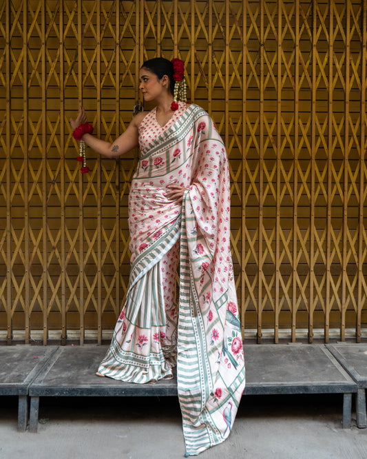 ‘Botanica Privée’ Blush & Sage Green Georgette Painterly Saree