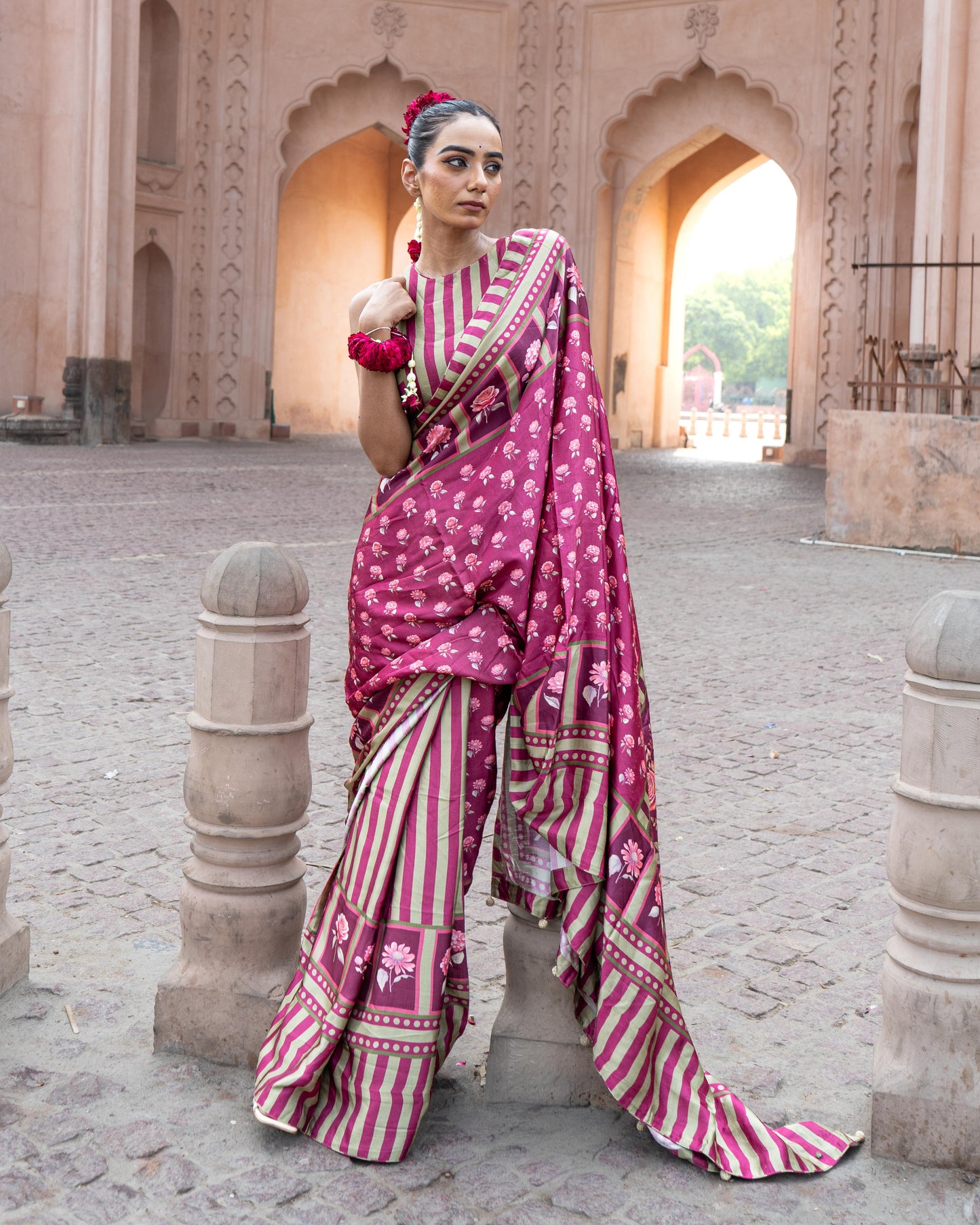 ‘Botanica Privée’ Mulberry Wine & Antique Sage Georgette Painterly Saree