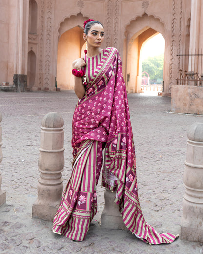 ‘Botanica Privée’ Mulberry Wine & Antique Sage Georgette Painterly Saree
