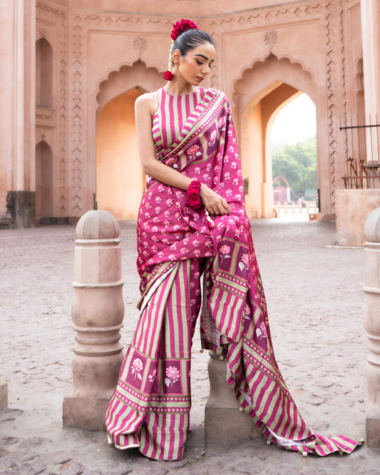 ‘Botanica Privée’ Mulberry Wine & Antique Sage Georgette Painterly Saree