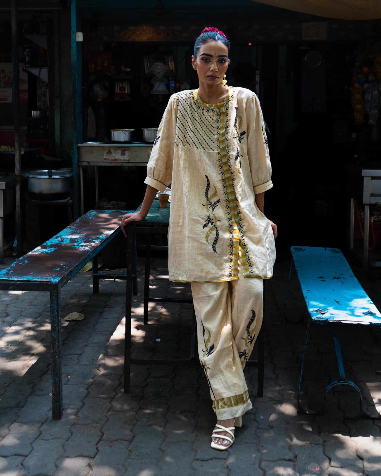 Chikankari Co ord in Champagne Pure Tissue with Moss Green n Black embroidery
