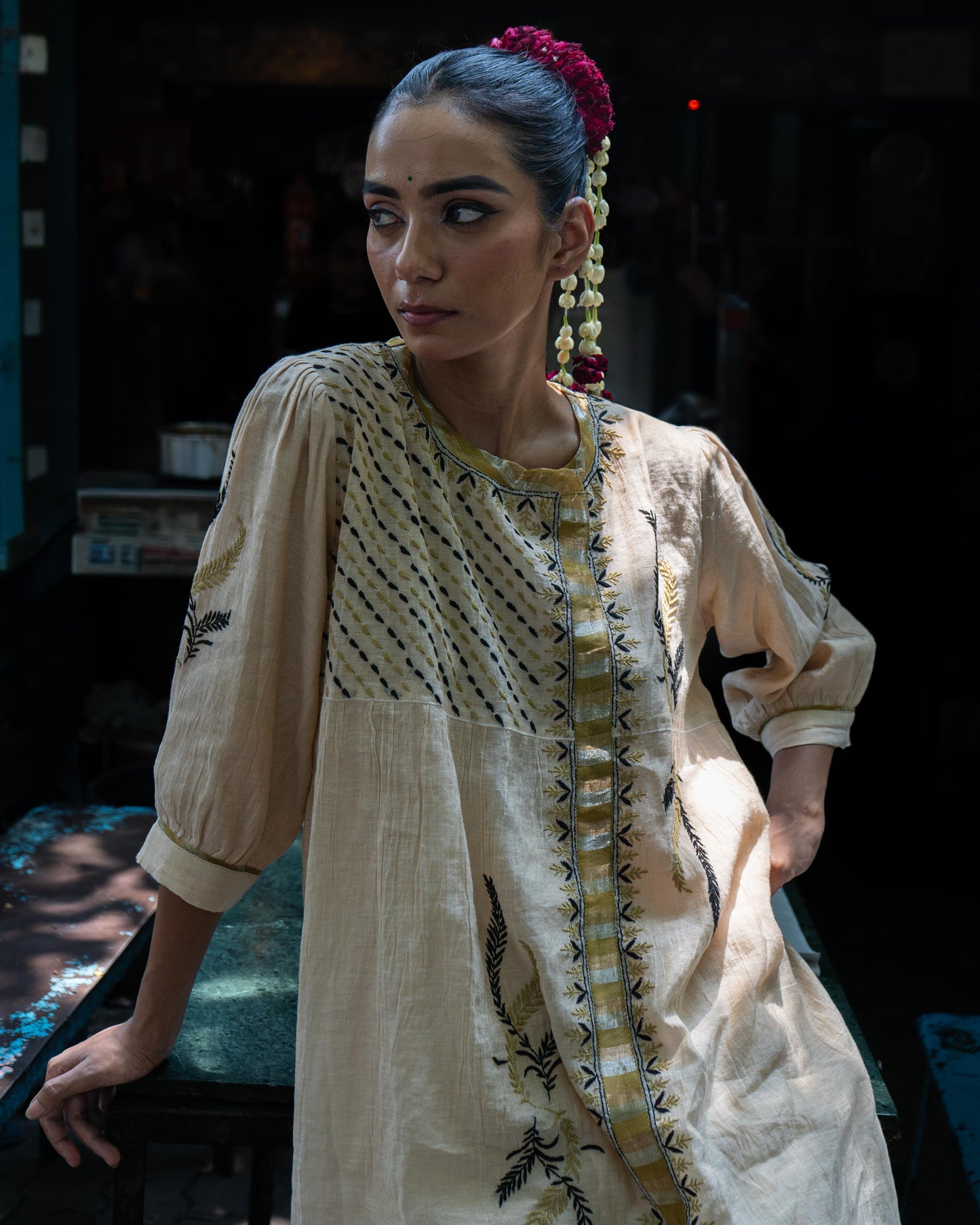 Chikankari Co ord in Champagne Pure Tissue with Moss Green n Black embroidery