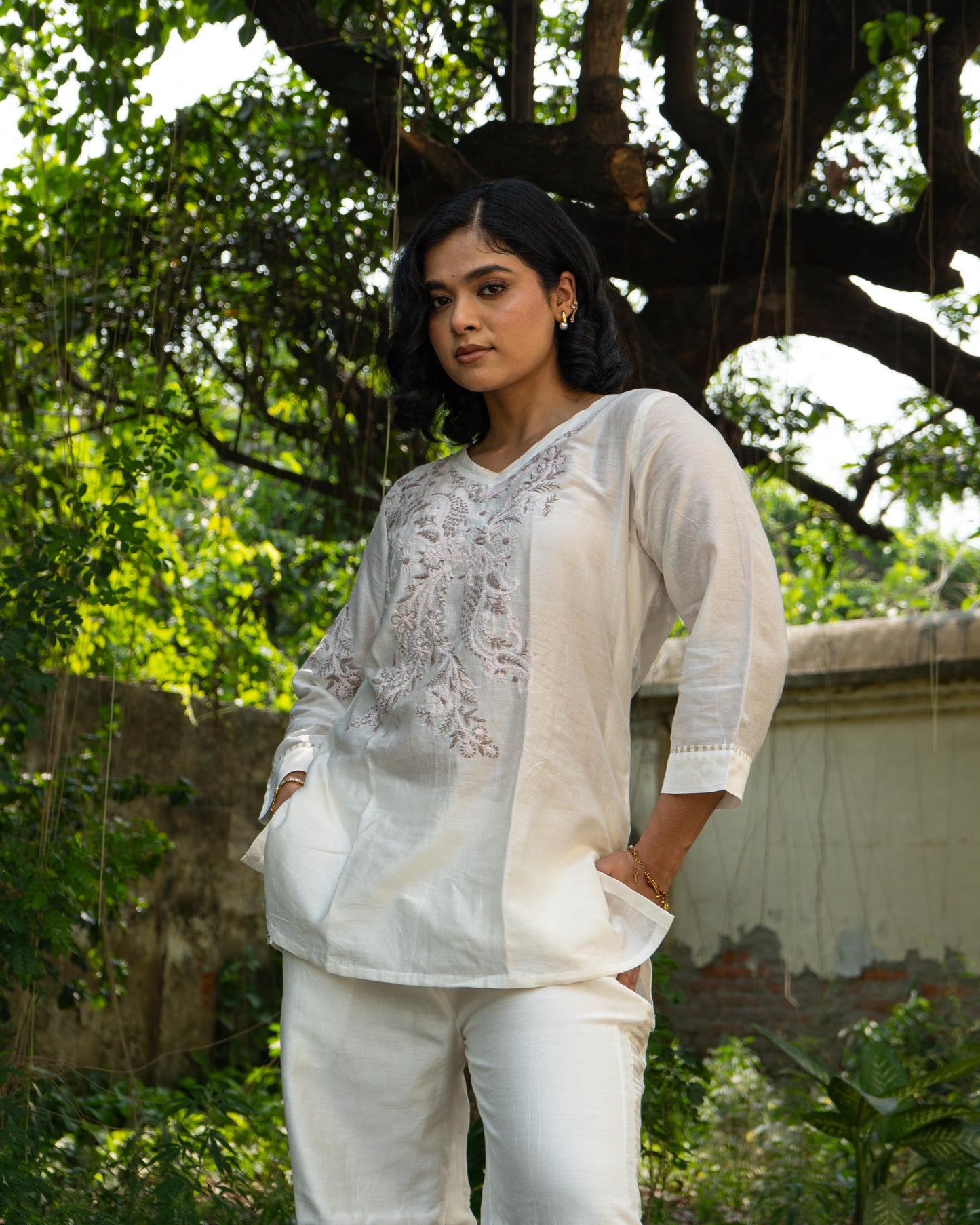 Chikankari Co ord in White Pure Chanderi Silk with Soft Pink n Dusty Mauve embroidery