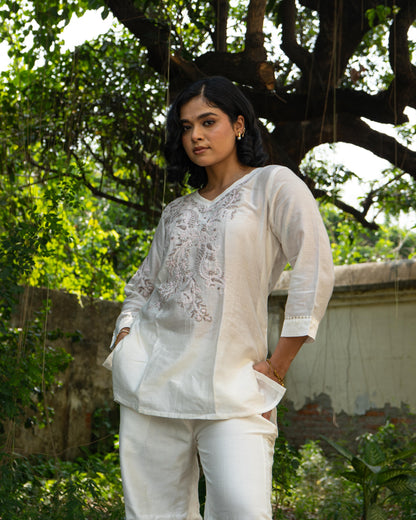 Chikankari Co ord in White Pure Chanderi Silk with Soft Pink n Dusty Mauve embroidery