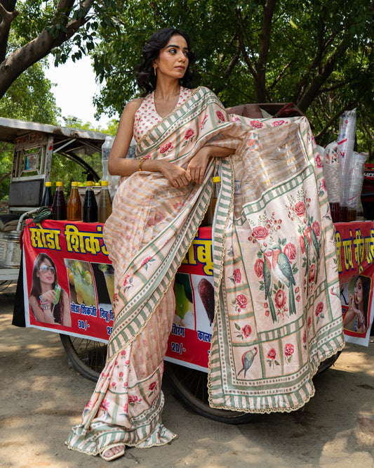 ‘Bloom Edit’ Blush Pink & Sage Green Silk Banarasi Tissue Painterly Saree