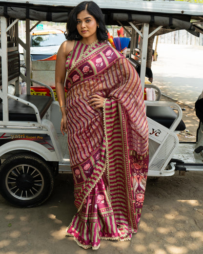 ‘Bloom Edit’ Mulberry Wine & Antique Sage Silk Banarasi Tissue Painterly Saree