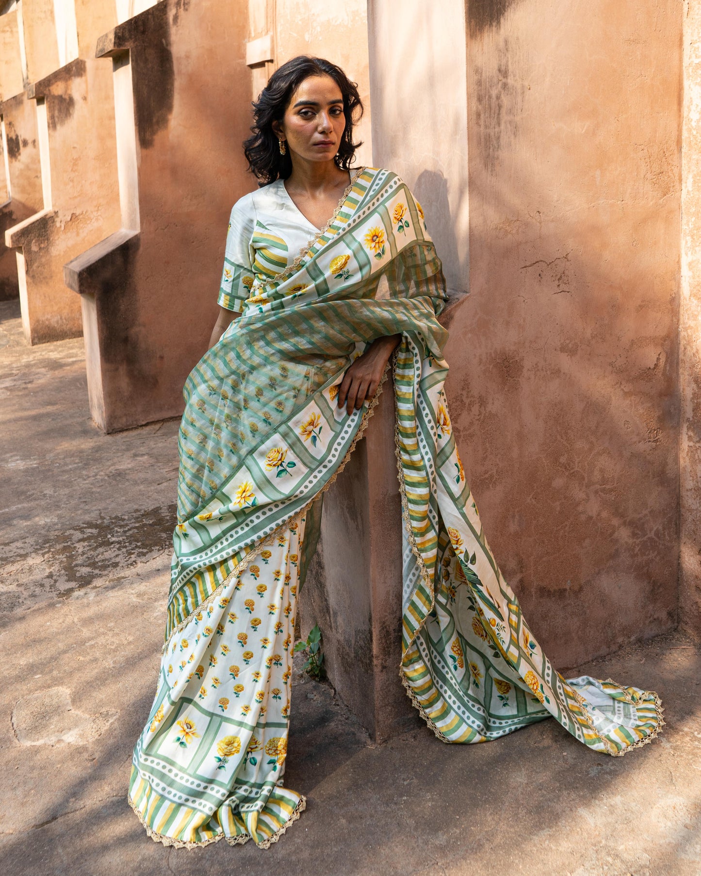 ‘Bloom Edit’ Sunlit Yellow and Antique Sage Silk Banarasi Tissue Painterly Saree with 2 Blouse options