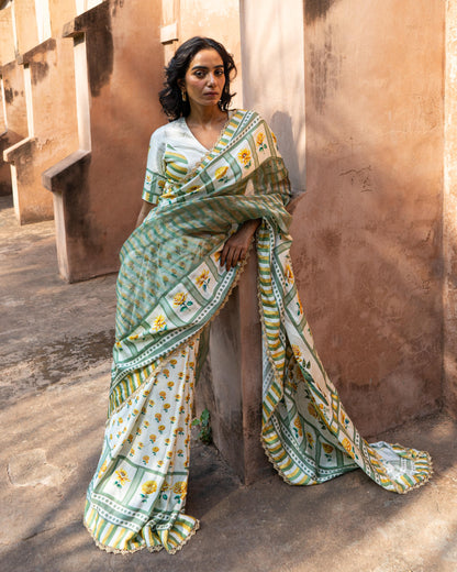 ‘Bloom Edit’ Sunlit Yellow and Antique Sage Silk Banarasi Tissue Painterly Saree with 2 Blouse options
