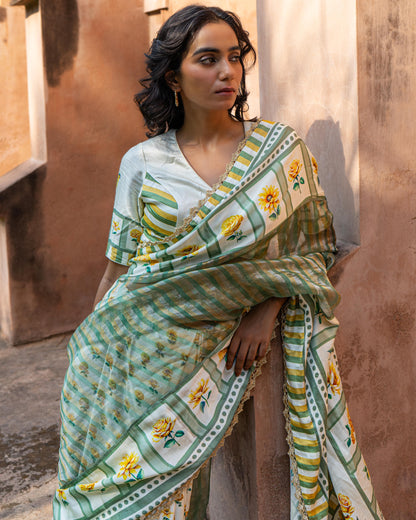‘Bloom Edit’ Sunlit Yellow and Antique Sage Silk Banarasi Tissue Painterly Saree with 2 Blouse options