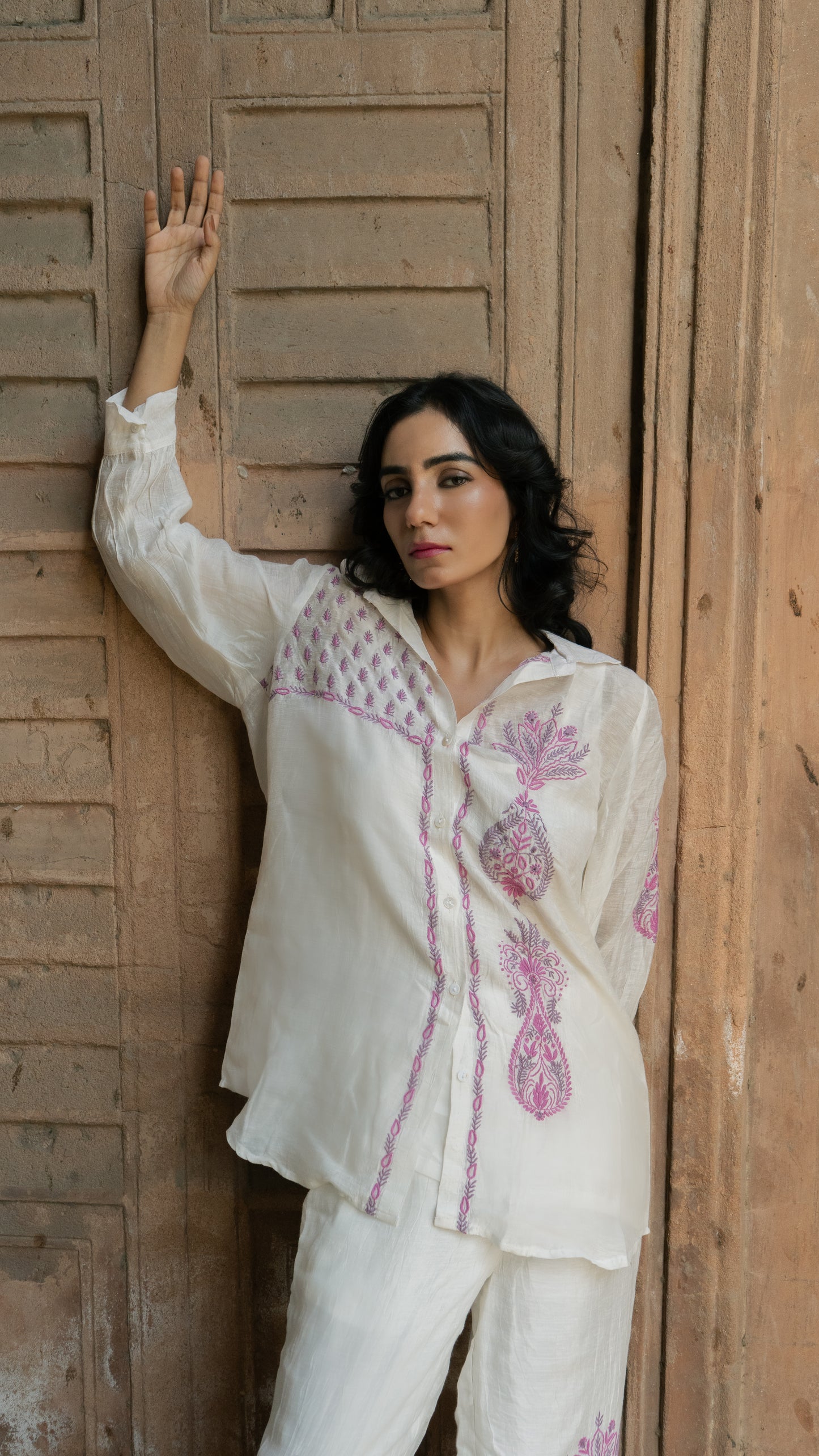 Chikankari Co ord in White Pure Chanderi Linen Silk with Rose Pink n Dusty Mauve embroidery