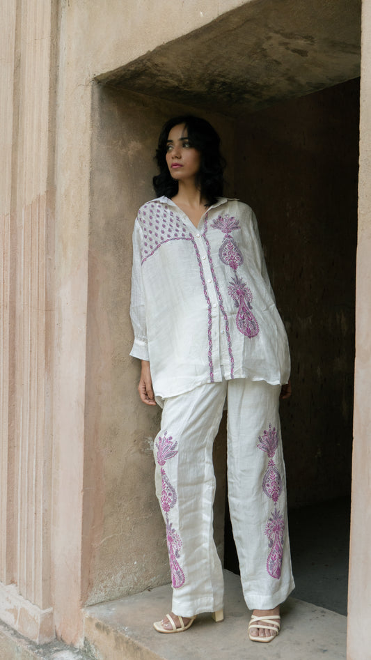 Chikankari Co ord in White Pure Chanderi Linen Silk with Rose Pink n Dusty Mauve embroidery