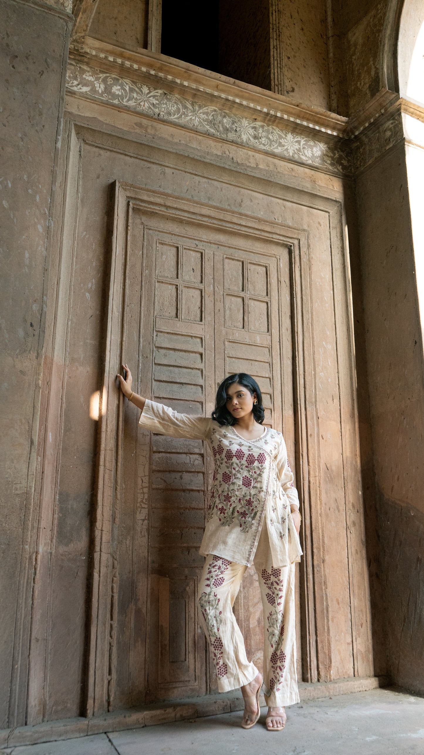 Chikankari Angarkha Co ord in Gold Pure Silk tissue with Green and Maroon embroidery