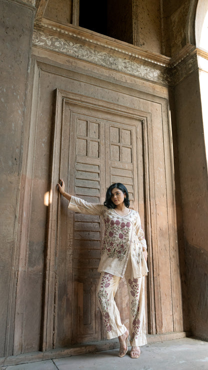 Chikankari Angarkha Co ord in Gold Pure Silk tissue with Green and Maroon embroidery