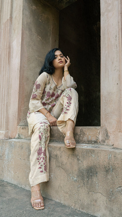Chikankari Angarkha Co ord in Gold Pure Silk tissue with Green and Maroon embroidery