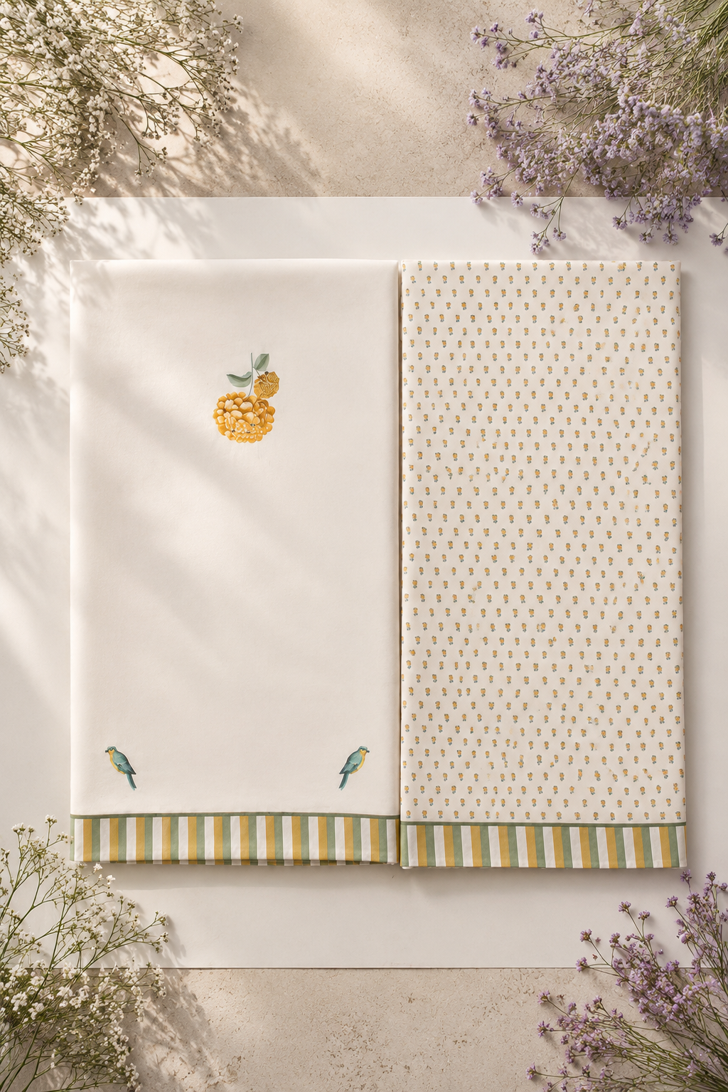 ‘Botanica Privée’ Sunlit Yellow & Sage Green Georgette Painterly Saree with 2 Blouse options