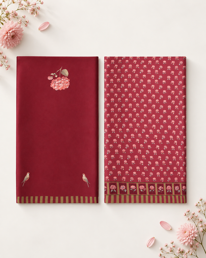 ‘Bloom Edit’ Mulberry Wine & Antique Sage Silk Banarasi Pure Tissue Painterly Saree