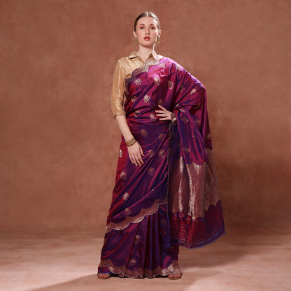 Regal Purple Katan Silk with Gold Zardozi Embroidered Scallops and Zardozi Blouse