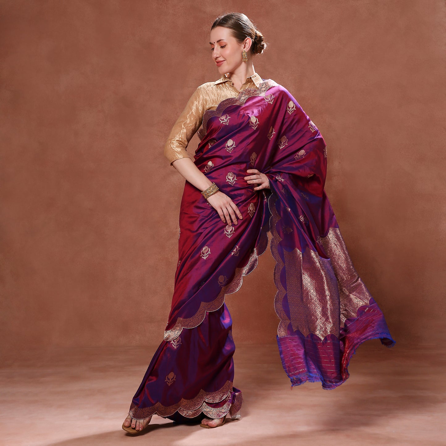Regal Purple Katan Silk with Gold Zardozi Embroidered Scallops and Zardozi Blouse
