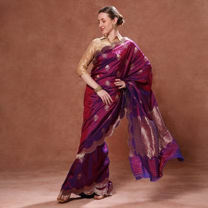Regal Purple Katan Silk with Gold Zardozi Embroidered Scallops and Zardozi Blouse