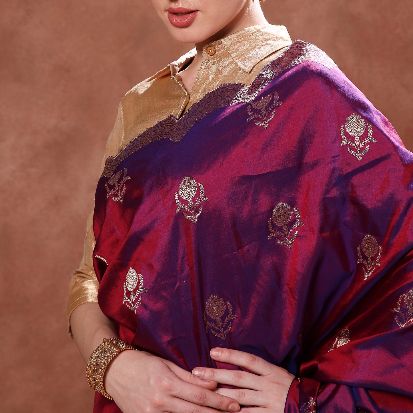 Regal Purple Katan Silk with Gold Zardozi Embroidered Scallops and Zardozi Blouse