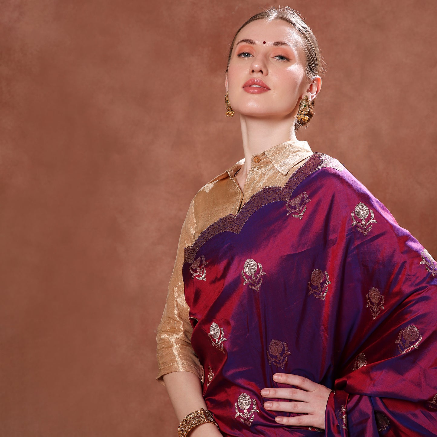 Regal Purple Katan Silk with Gold Zardozi Embroidered Scallops and Zardozi Blouse