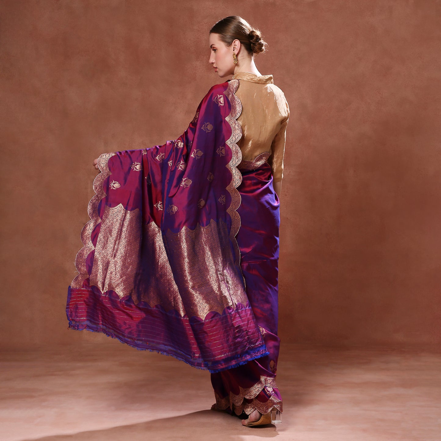 Regal Purple Katan Silk with Gold Zardozi Embroidered Scallops and Zardozi Blouse