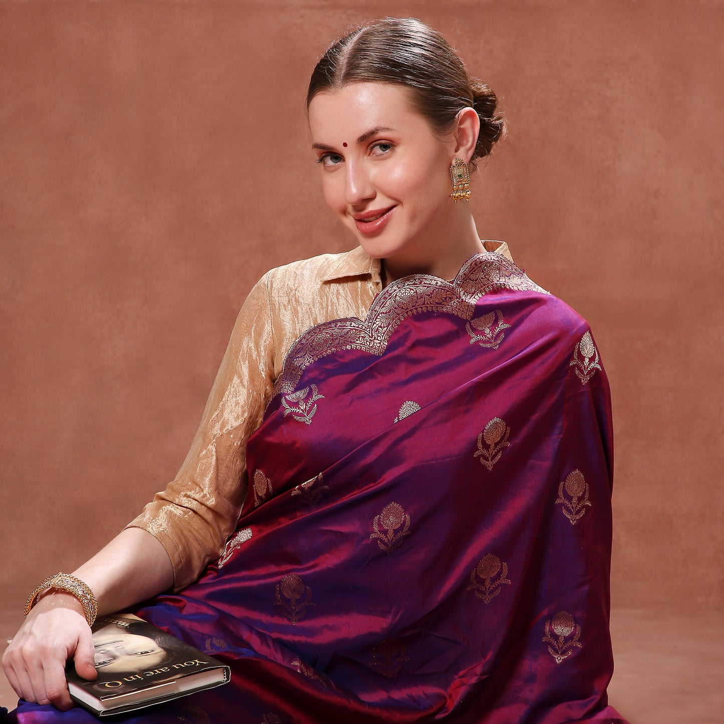 Regal Purple Katan Silk with Gold Zardozi Embroidered Scallops and Zardozi Blouse