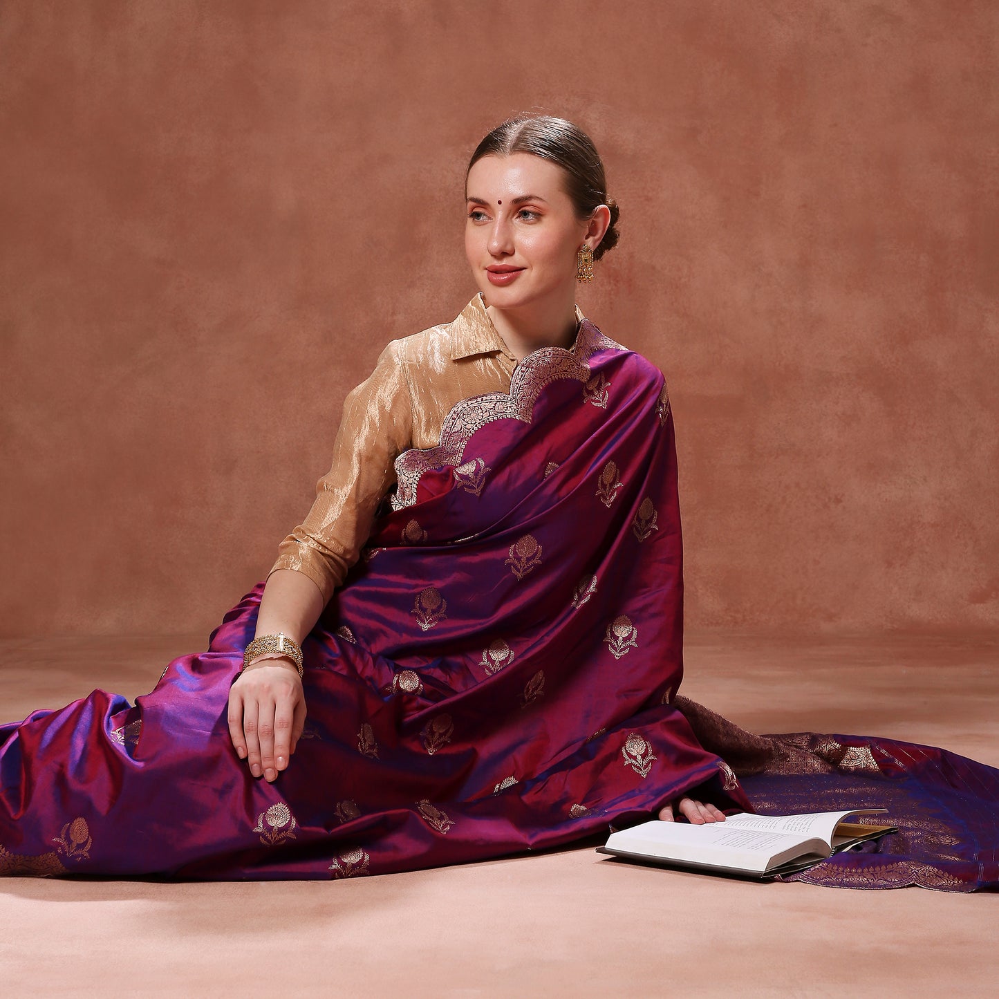 Regal Purple Katan Silk with Gold Zardozi Embroidered Scallops and Zardozi Blouse
