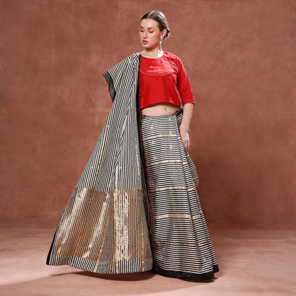 Contrast Black and White Striped Pure Katan with Gold Pallu