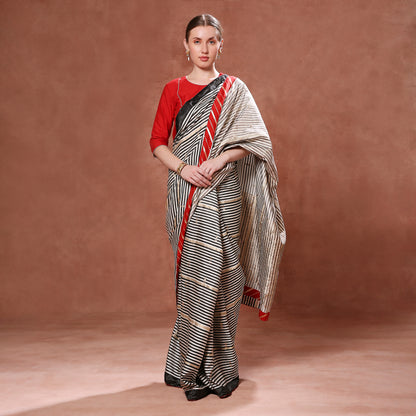 Contrast Black and White Striped Pure Katan with Gold Pallu
