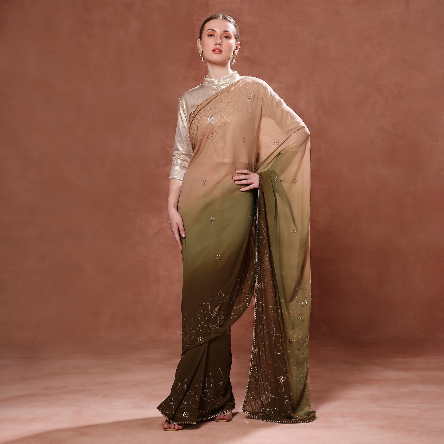 Flowing Georgette Ombre Saree with Mukaish and Pitta Hand Embroidery