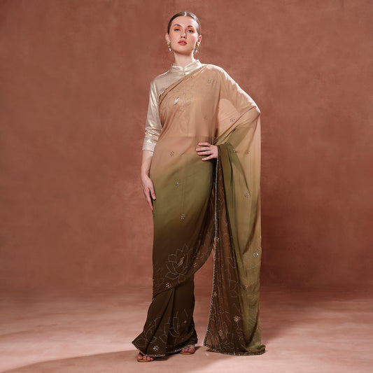 Flowing Georgette Ombre Saree with Mukaish and Pitta Hand Embroidery