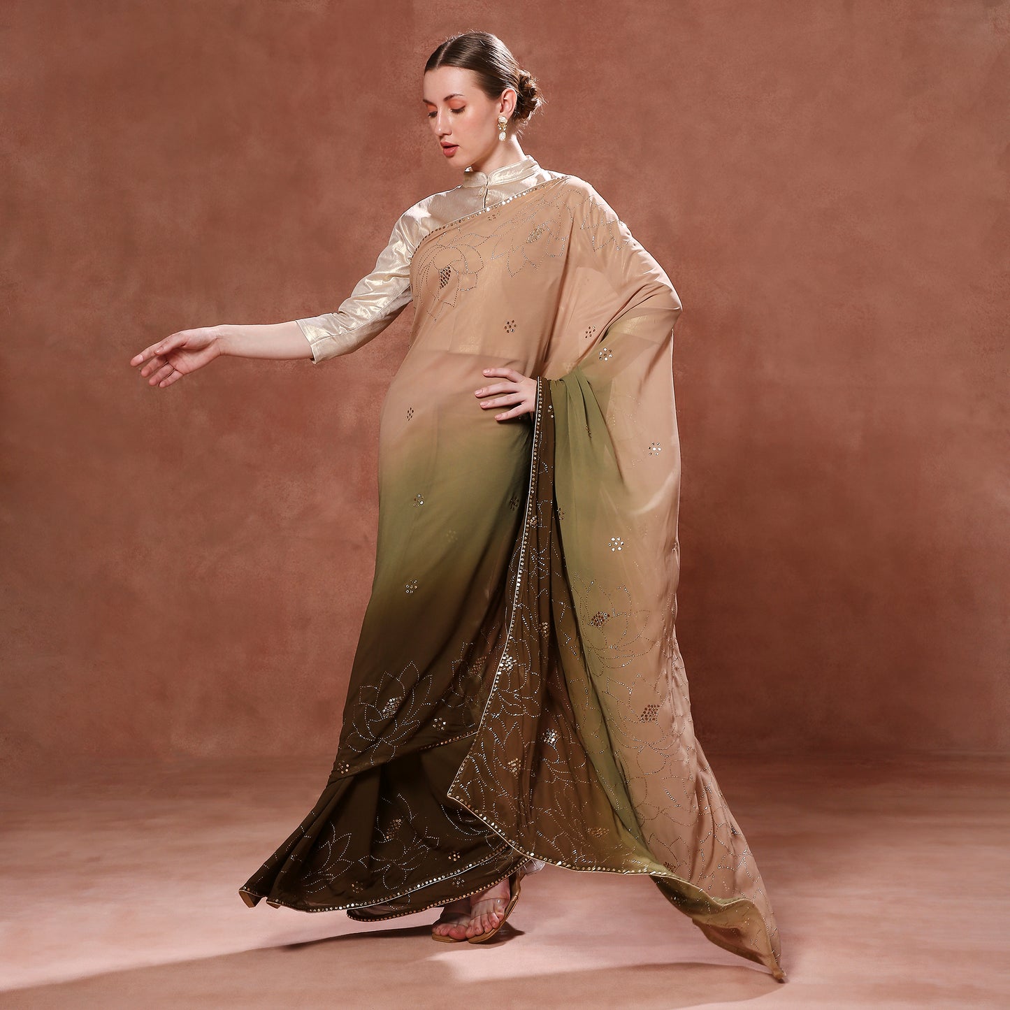 Flowing Georgette Ombre Saree with Mukaish and Pitta Hand Embroidery