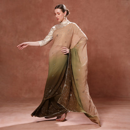 Flowing Georgette Ombre Saree with Mukaish and Pitta Hand Embroidery