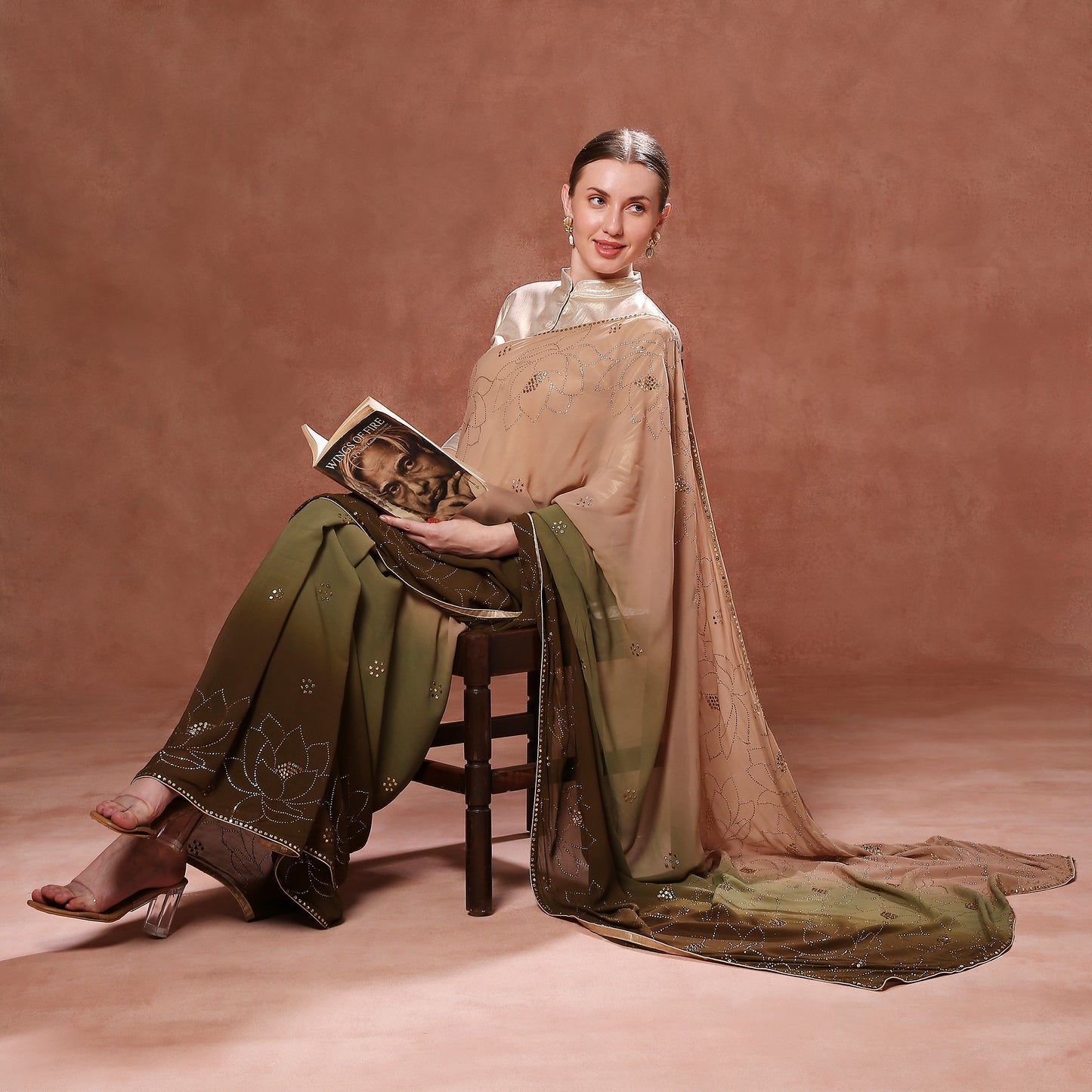 Flowing Georgette Ombre Saree with Mukaish and Pitta Hand Embroidery