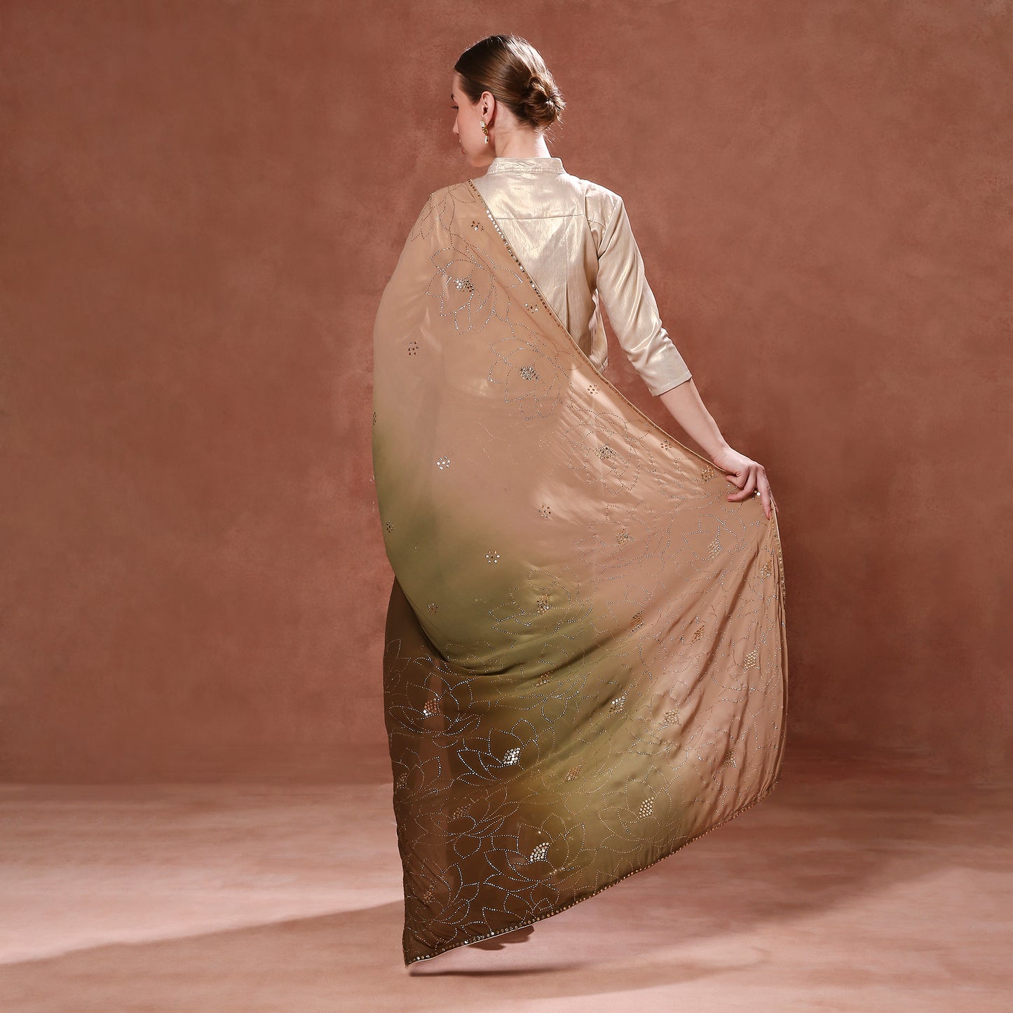 Flowing Georgette Ombre Saree with Mukaish and Pitta Hand Embroidery
