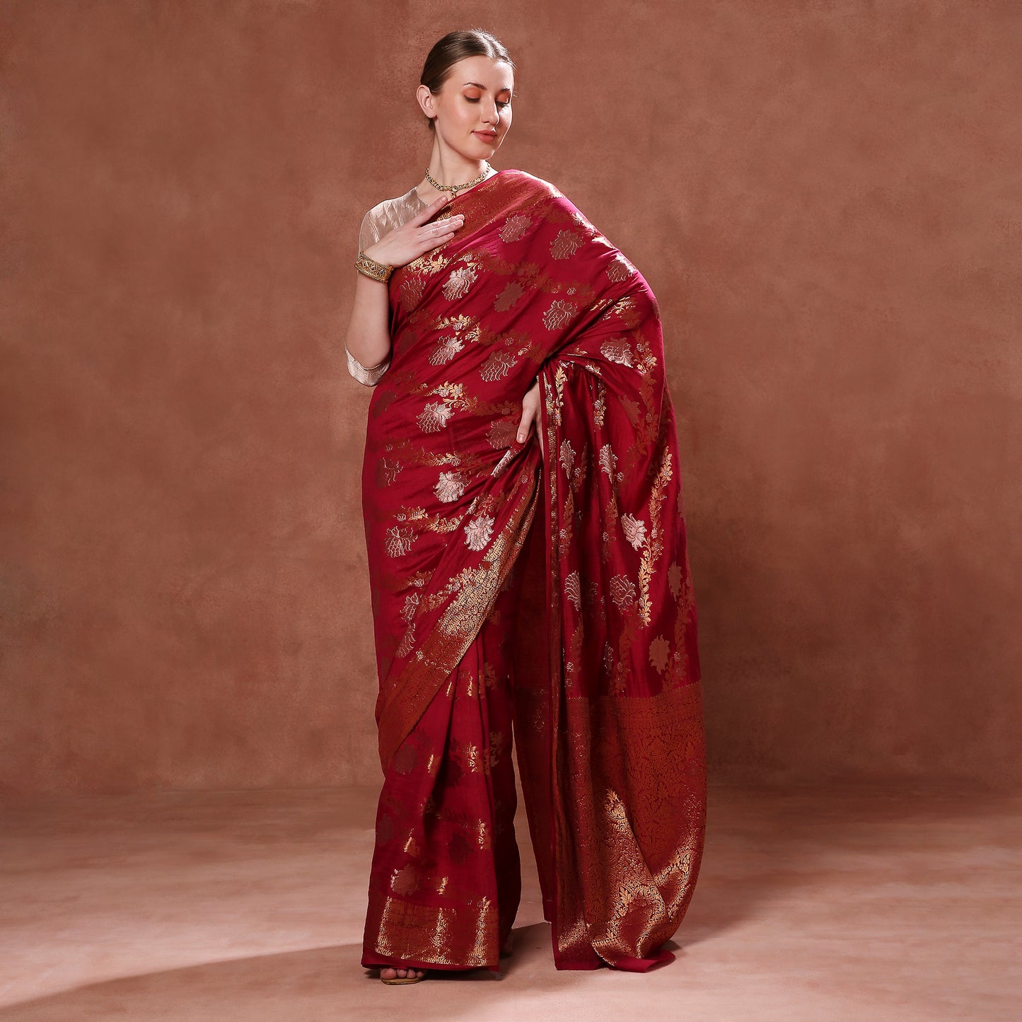 Deep Maroon Pure Silk with Gold Motifs