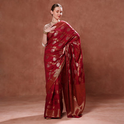 Deep Maroon Pure Silk with Gold Motifs