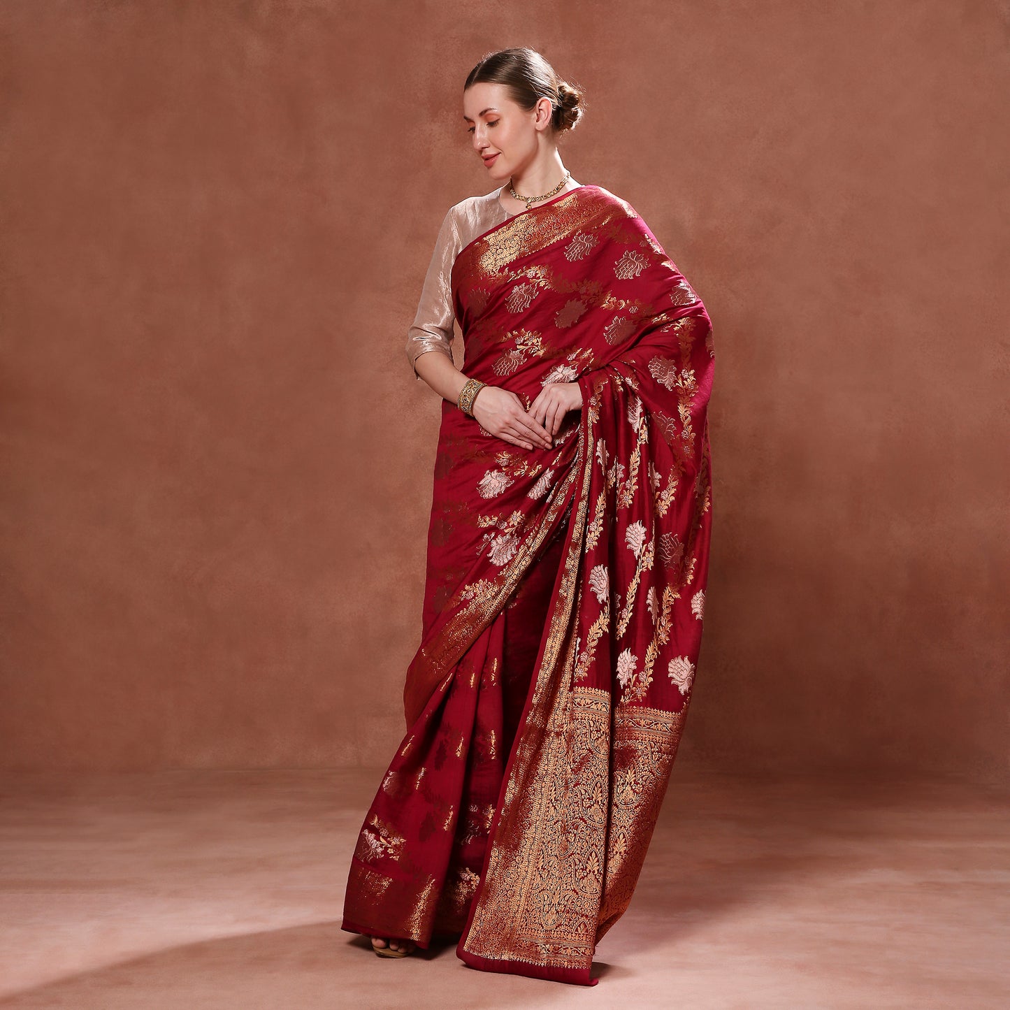 Deep Maroon Pure Silk with Gold Motifs