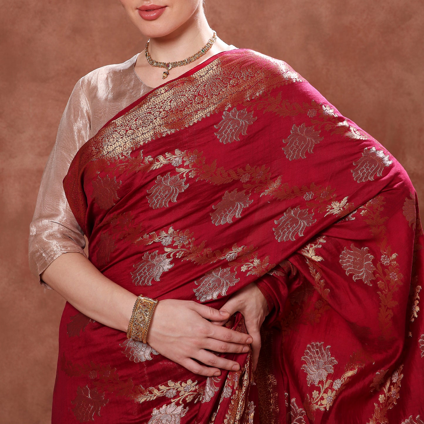 Deep Maroon Pure Silk with Gold Motifs