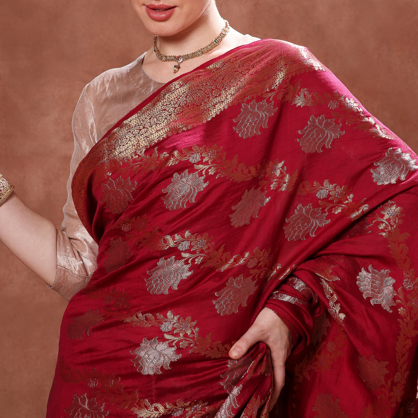 Deep Maroon Pure Silk with Gold Motifs